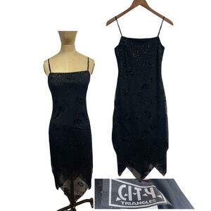 Vtg Soft Goth Dress City Triangles Black Med Dark Fairy Formal LBD Sparkle